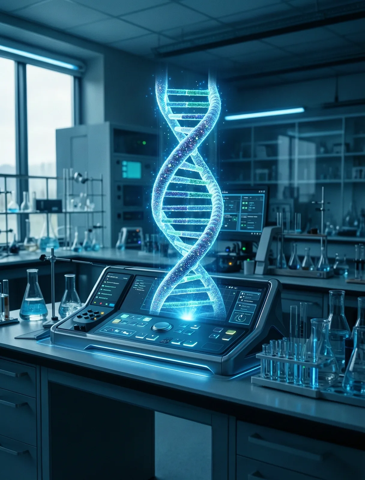 Scientific laboratory setting with glowing molecular plasma